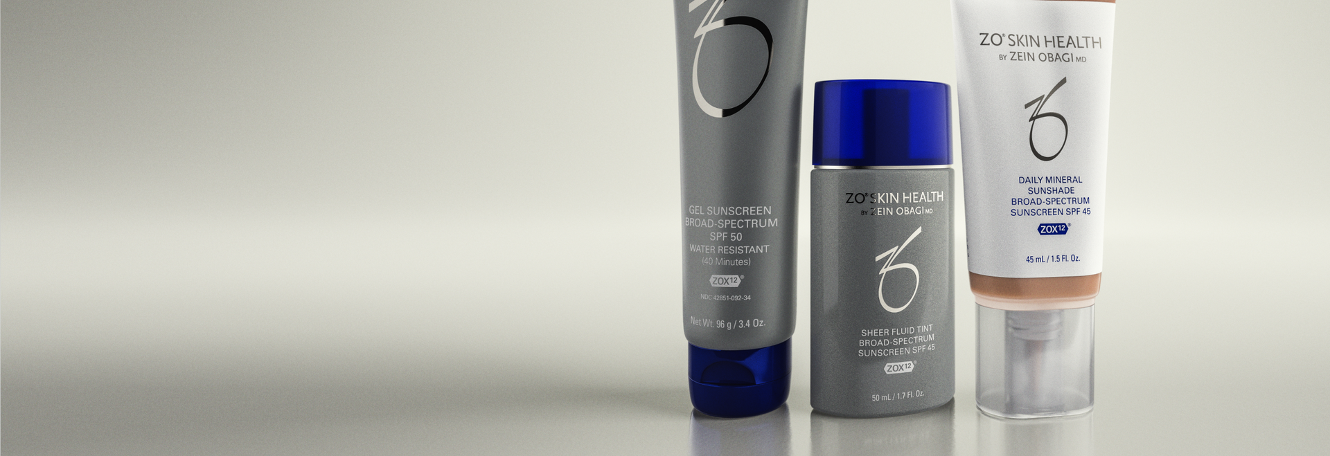ZO Skin Health sunscreen products including Gel Sunscreen SPF 50, Sheer Fluid Tint SPF 45, and Daily Mineral Sunshade SPF 45 displayed side by side on a neutral background.