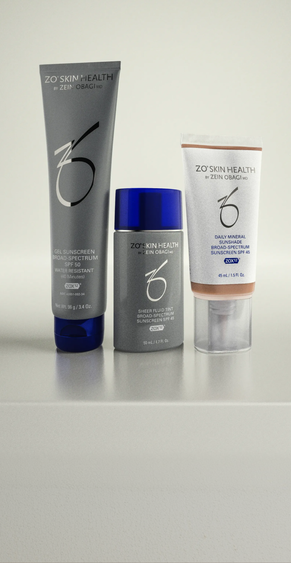 ZO Skin Health sunscreen products including Gel Sunscreen SPF 50, Sheer Fluid Tint SPF 45, and Daily Mineral Sunshade SPF 45 displayed side by side on a neutral background.